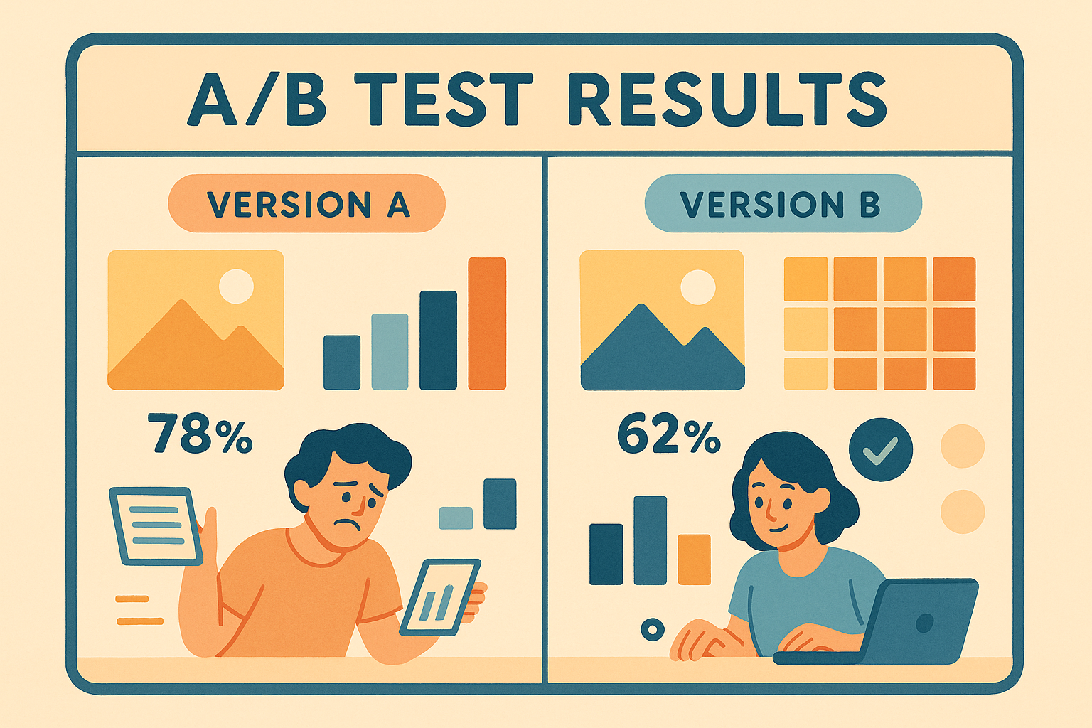 Illustrated dashboard comparing A/B test performance results visually.