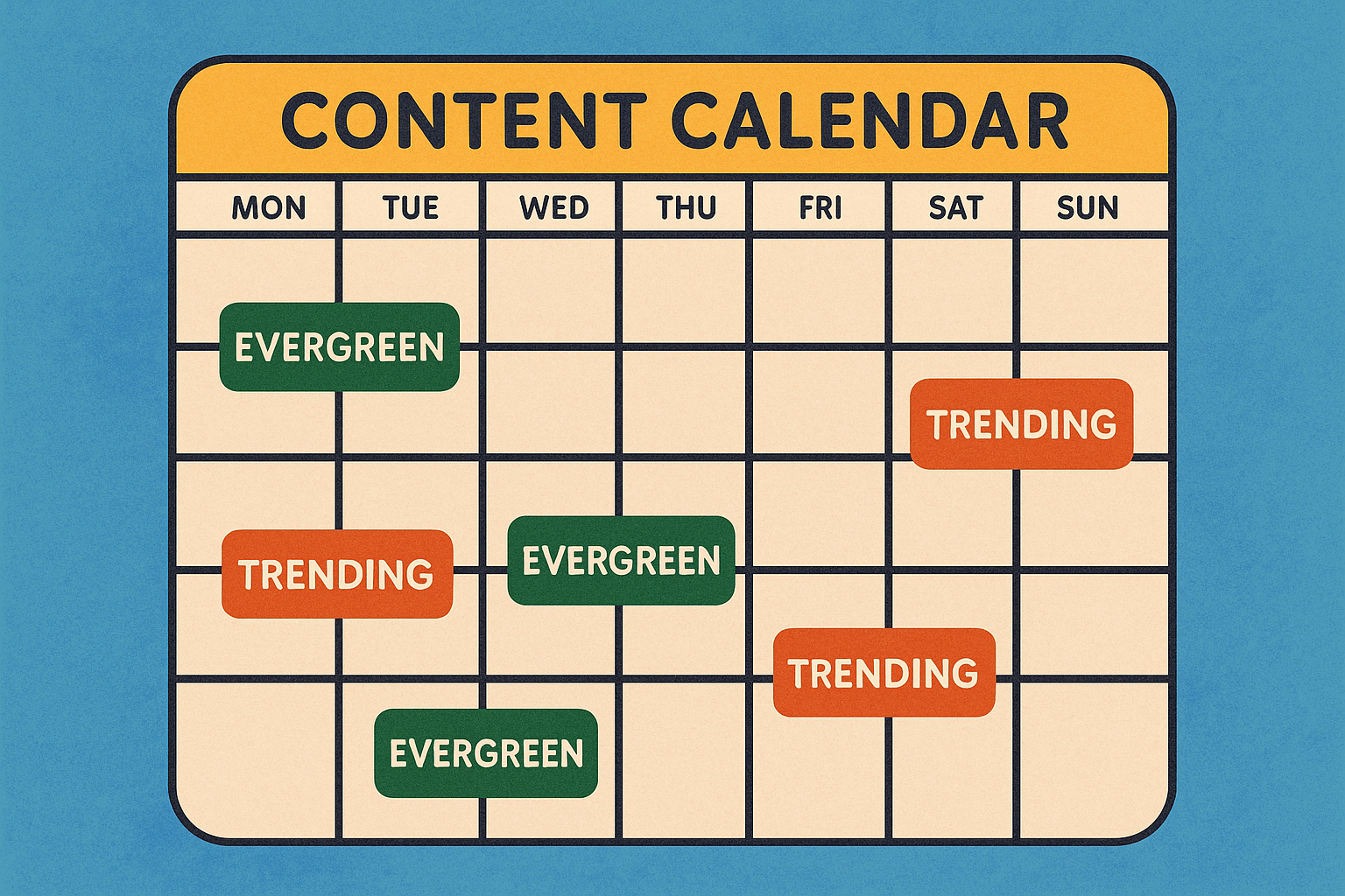 Content calendar showing a mix of evergreen and trending posts.
