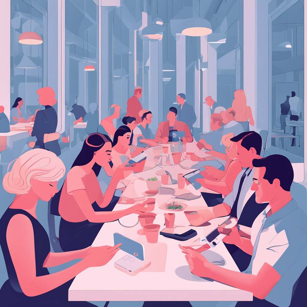 An AI generated image of a crowd of people checking their phones, representing the audience