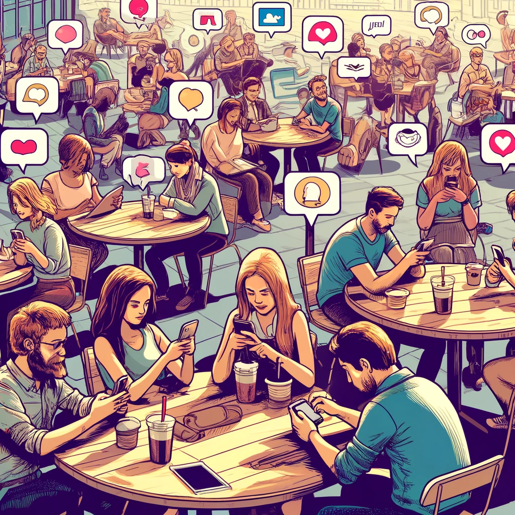A lot of people sitting at tables, looking at their phones, chatting by message