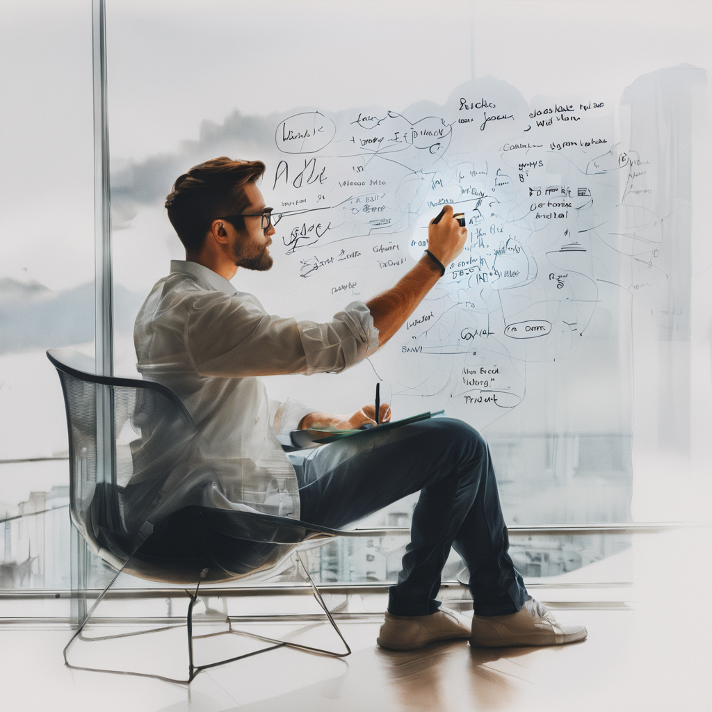 AI image of a man brainstorming ideas on a transparent board