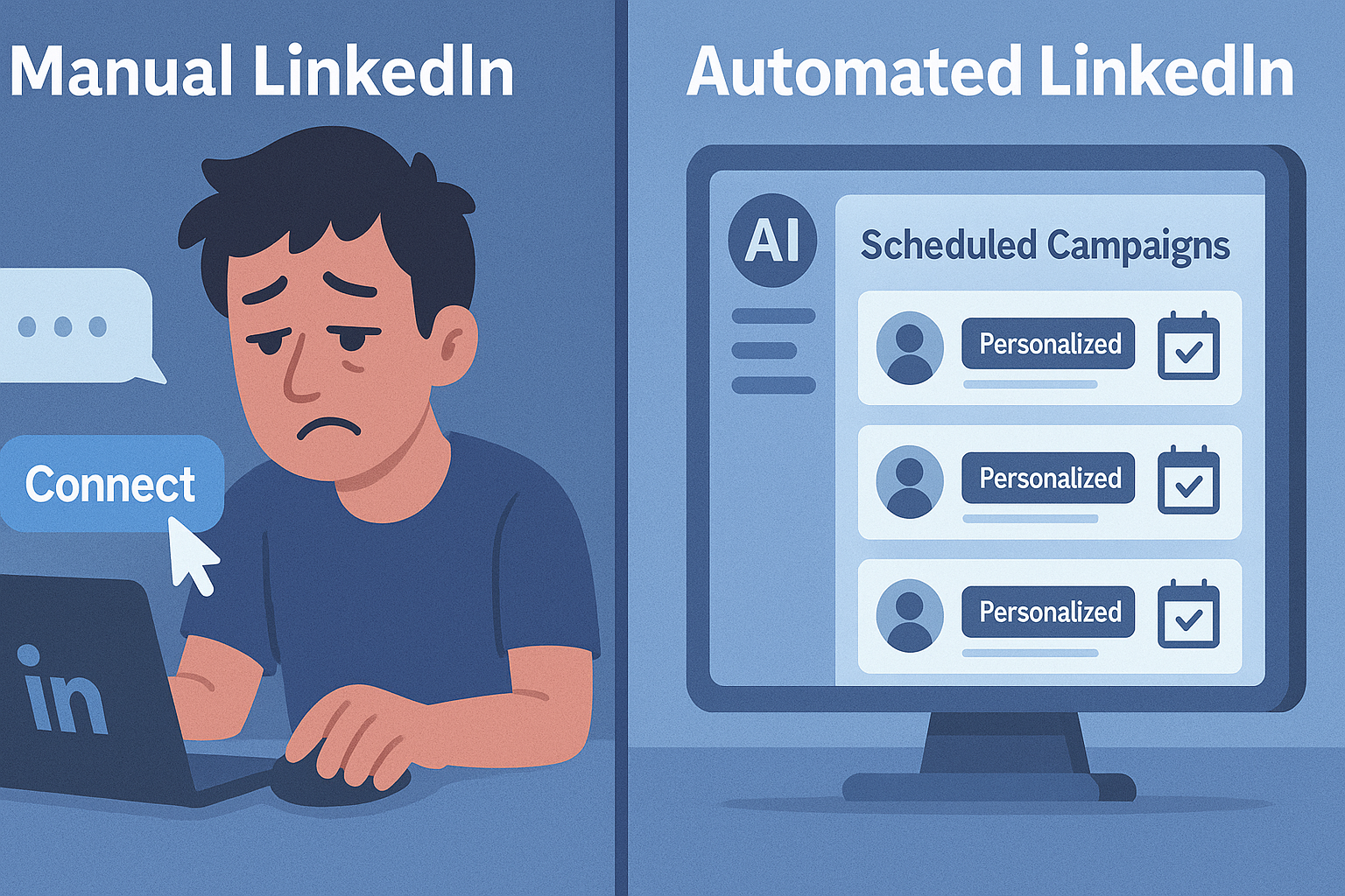 Manual vs. Automated LinkedIn” Split-Screen.  Left: A tired marketer clicking “connect” and writing messages.  Right: An AI dashboard with scheduled, personalized outreach campaigns.