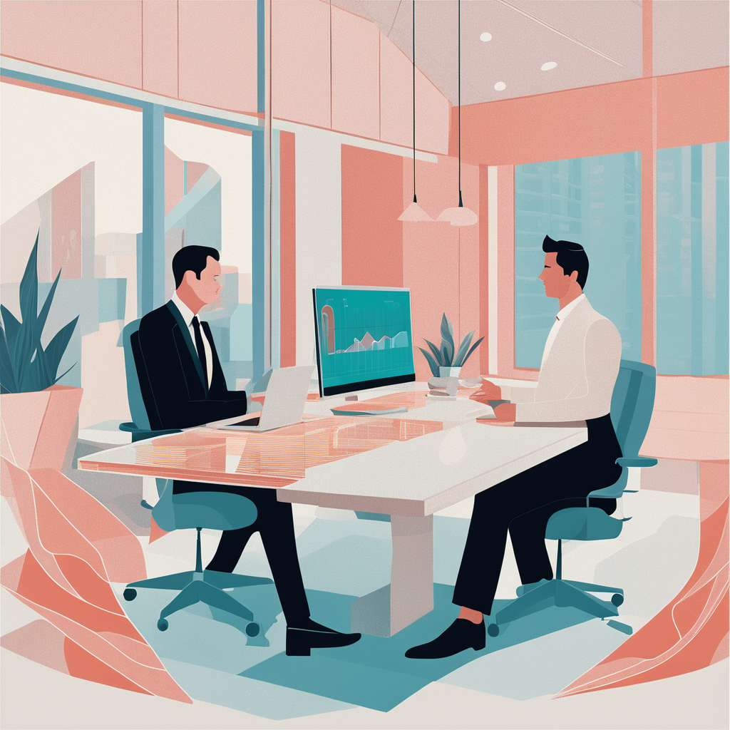 two men, seated at a table, having a meeting in a large room