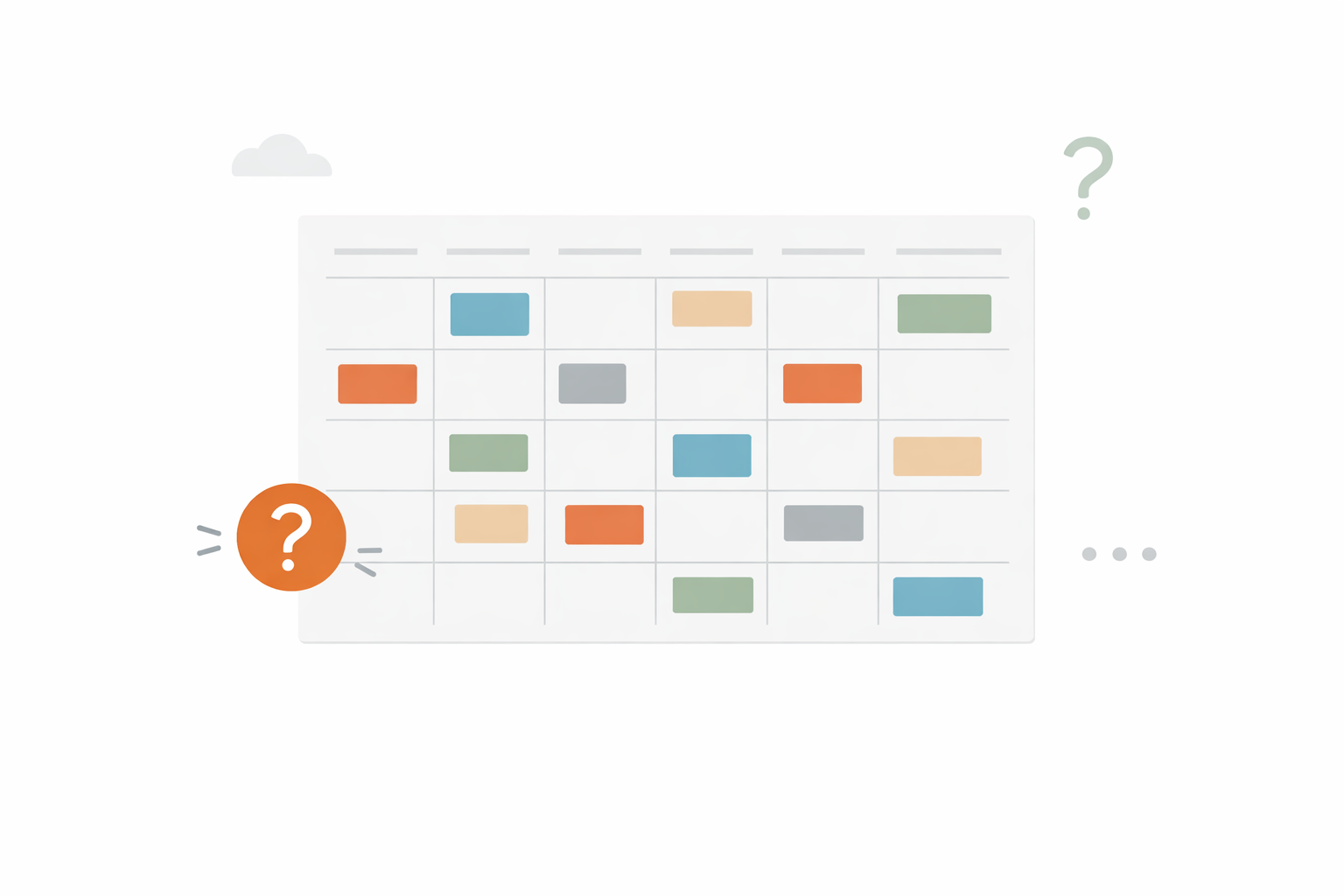 Minimal flat illustration of a content calendar filled with scattered colored blocks, showing disorganized scheduling, subtle confusion, and lack of direction, clean SaaS blog style, white background.