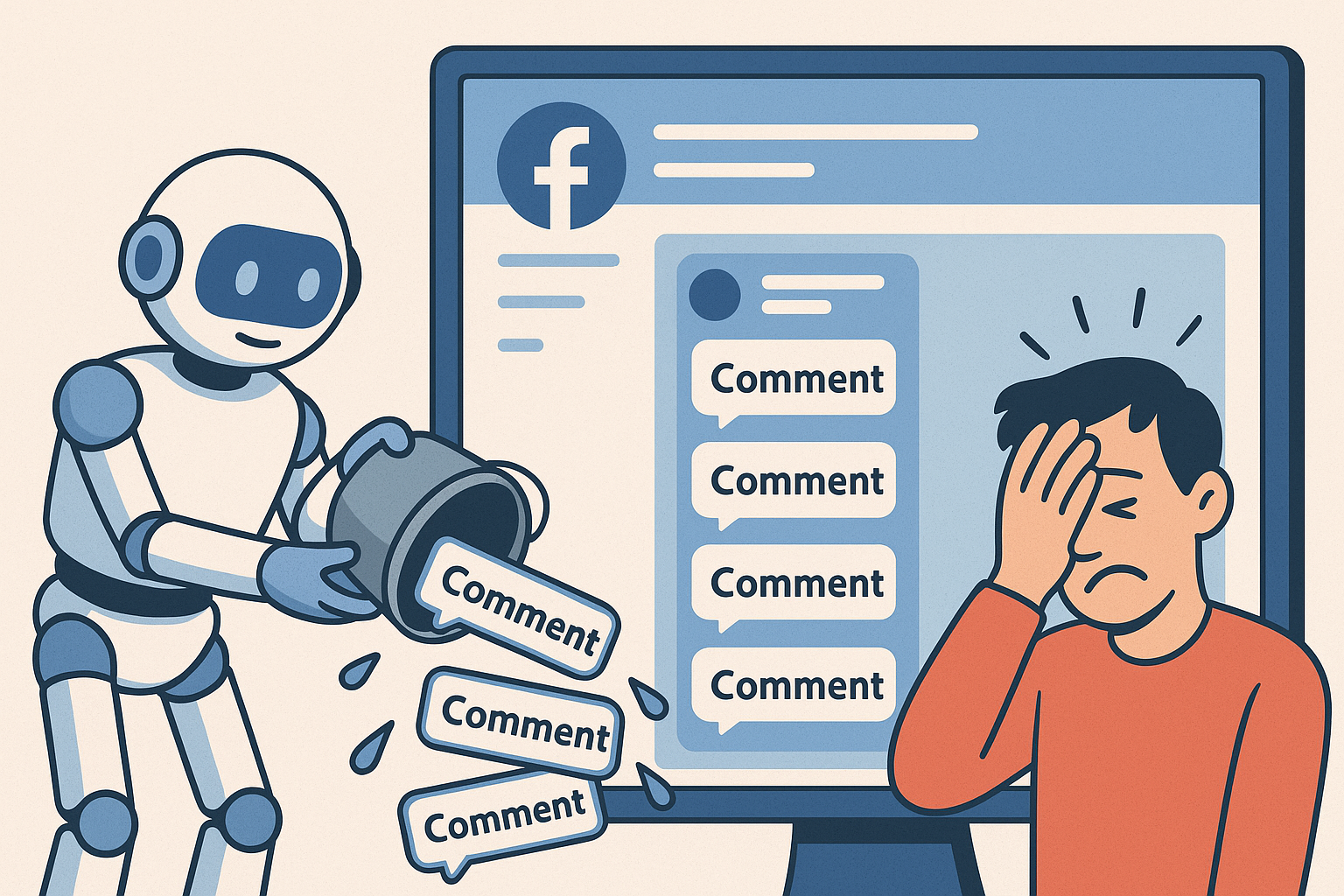 A flat-style illustration of a robot over-automating Facebook posts, causing frustration for a marketer.