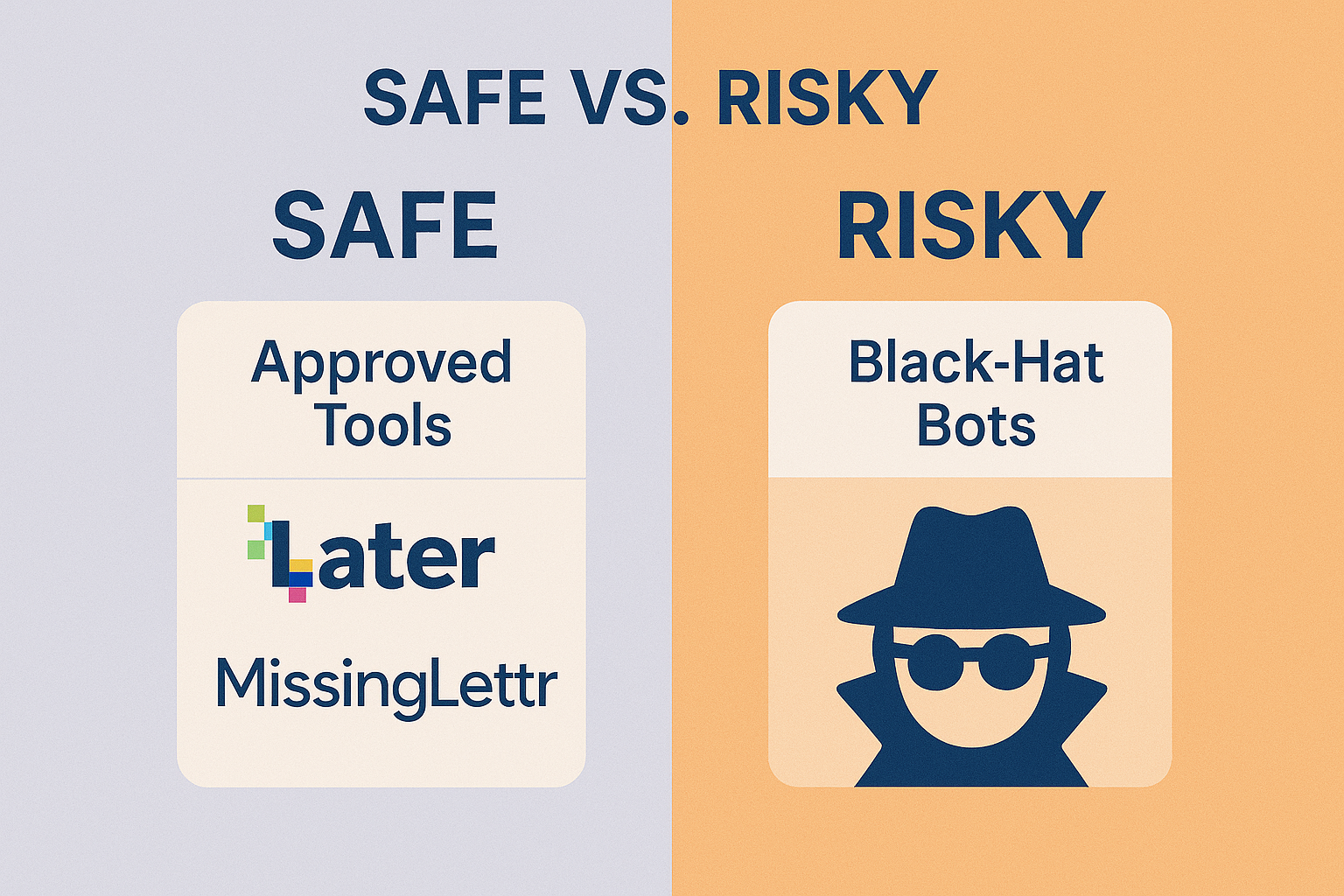 Side-by-side comparison of Instagram-approved automation tools (like Later and MissingLettr) versus risky bots. A visual breakdown for marketers choosing safe Instagram automation software.