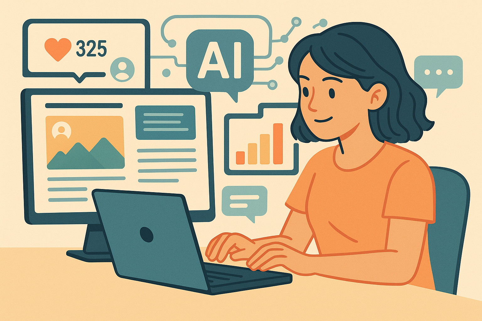 A flat-style digital illustration of a social media manager reviewing AI-generated content on multiple screens, symbolizing smart automation.