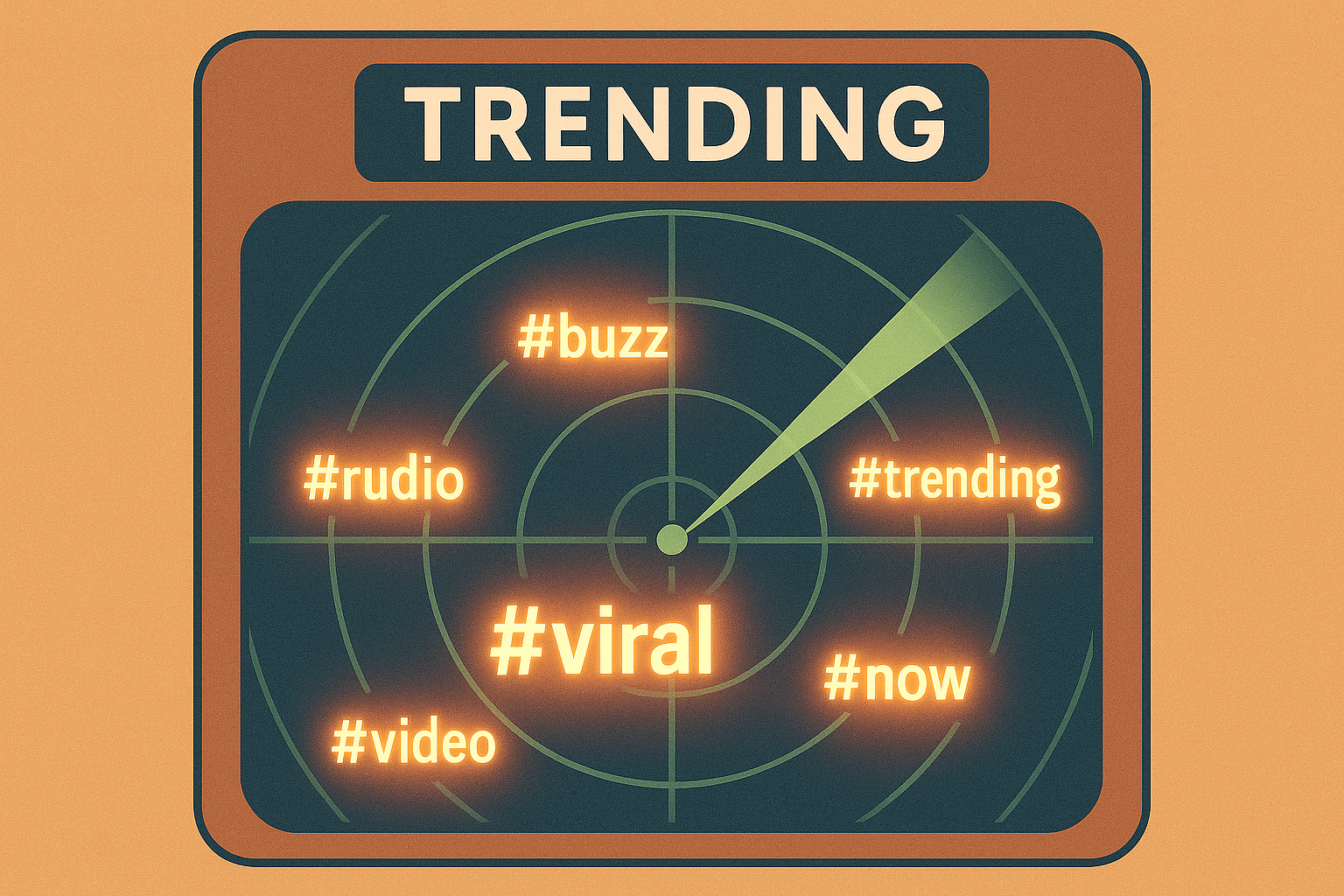An abstract visual showing trending hashtags being tracked by a digital radar, symbolizing automation tools.