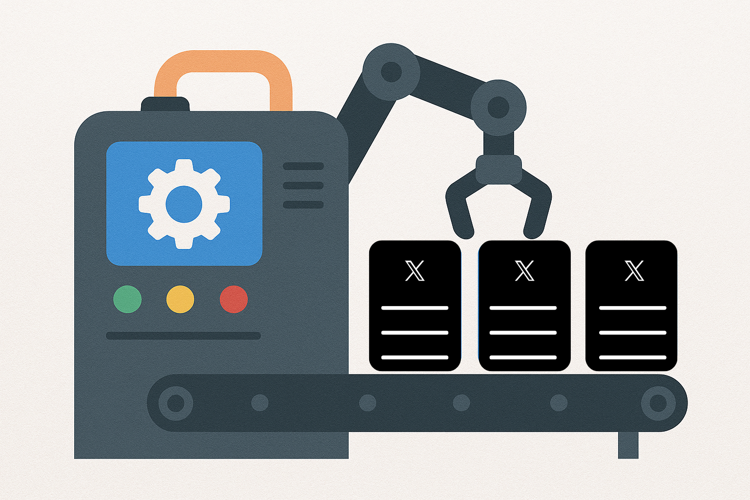 A stylized automation machine or conveyor belt producing tweets, depicting Twitter/X scheduling and automation processes.