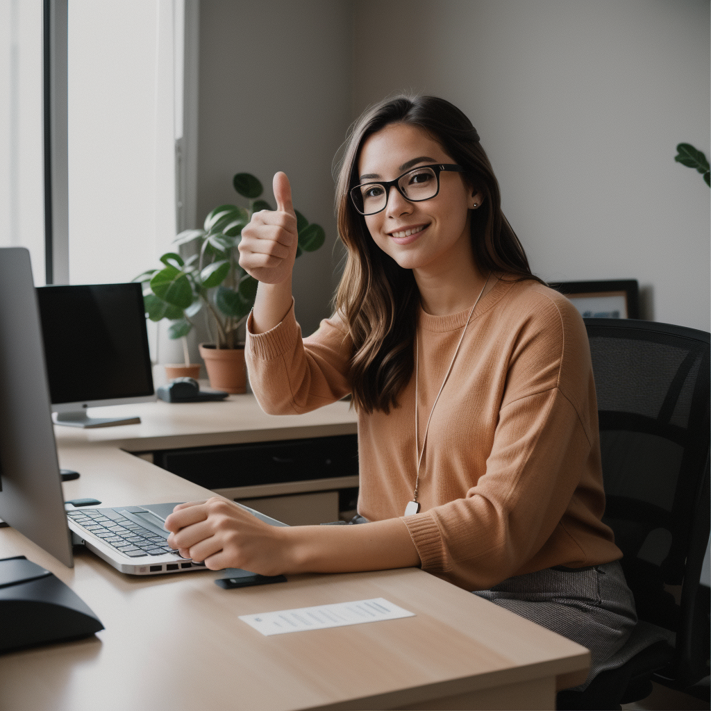 A motivated woman in casual clothing sitting at a desk with her computer, giving a thumbs up