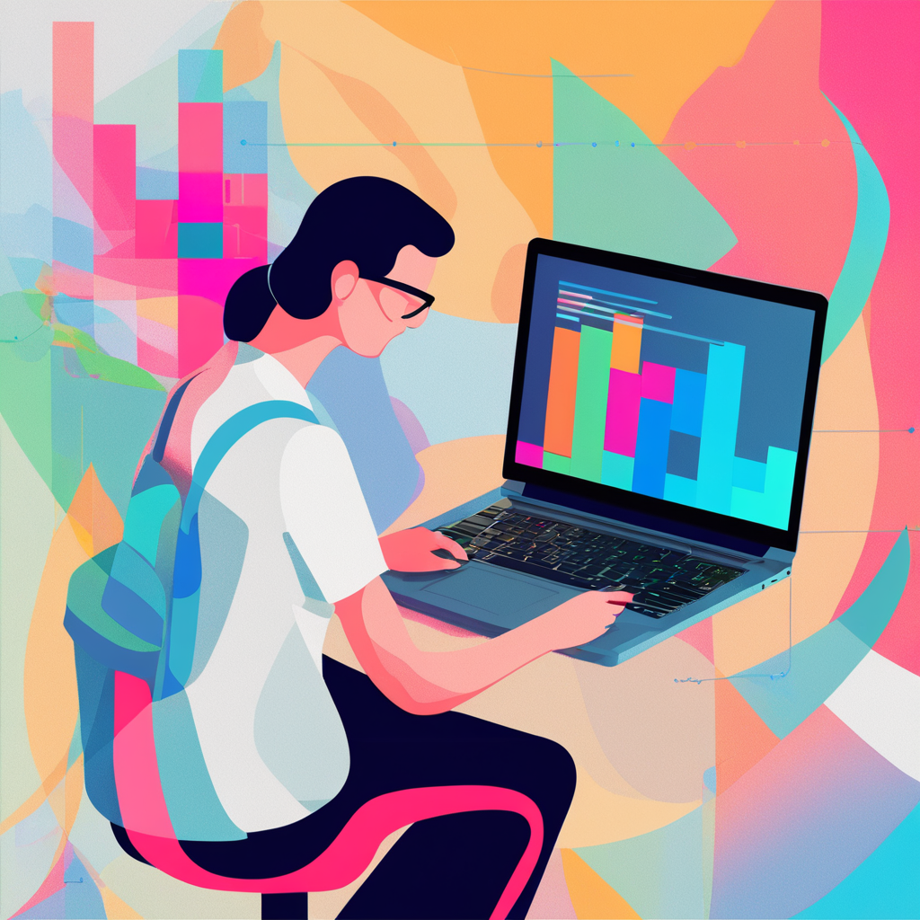 Man sitting at his desk, creating content on his laptop. The image is bright and colorful