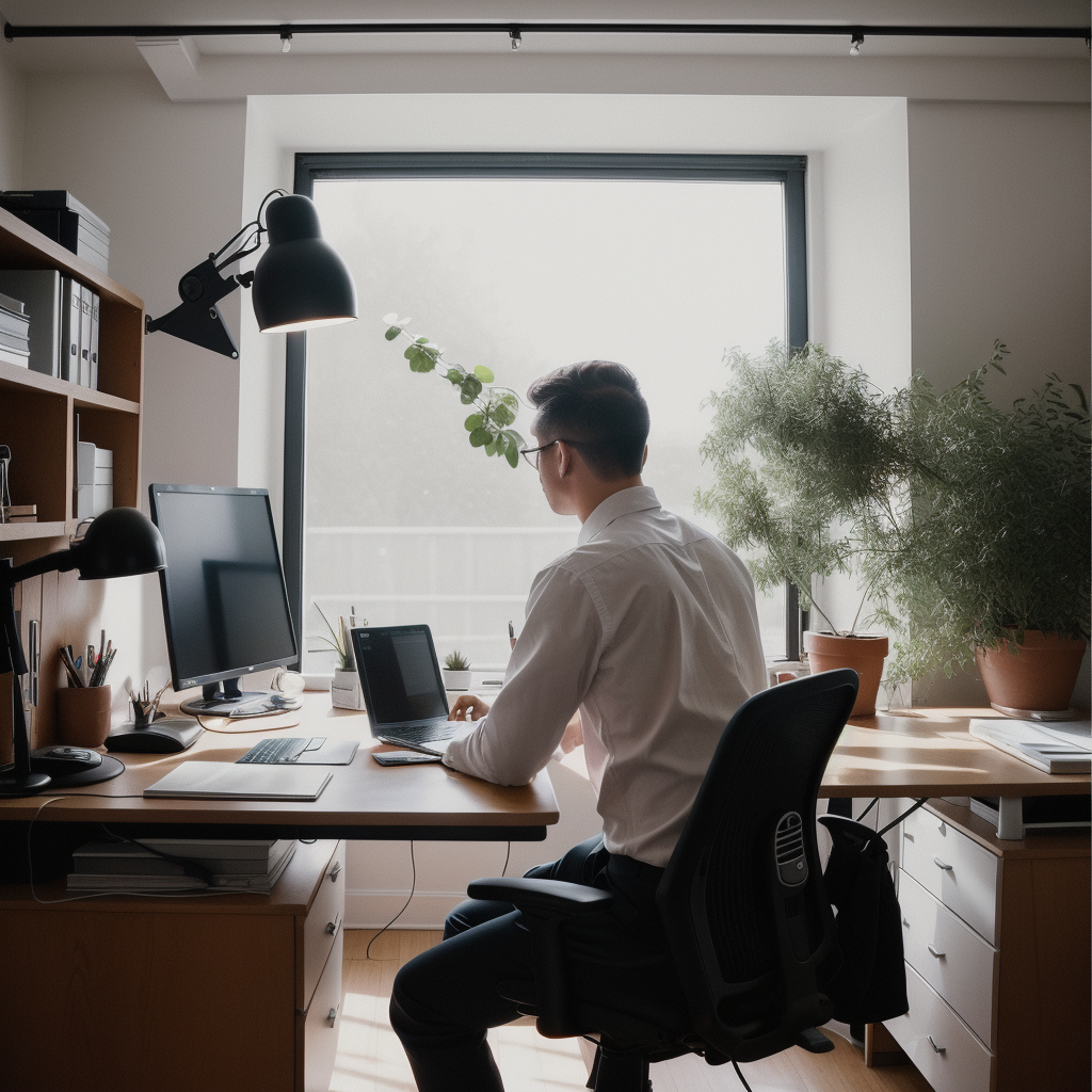 Man sitting at his desk in the morning light, working on his social media strategy and choosing the best time to post on Instagram